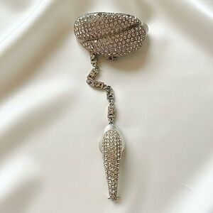 Vintage Hand Chain Rhinestone Bracelet and Ring Statement Silver Glam Jewelry